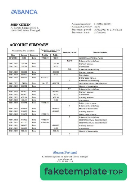 Feature of fake Portugal Abanca bank statement